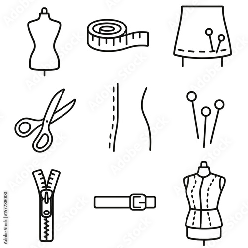 Tailoring Line Icons. Line style icons of costume fitting and tailoring: mannequin form, measuring tape, pinned hemline, pattern
