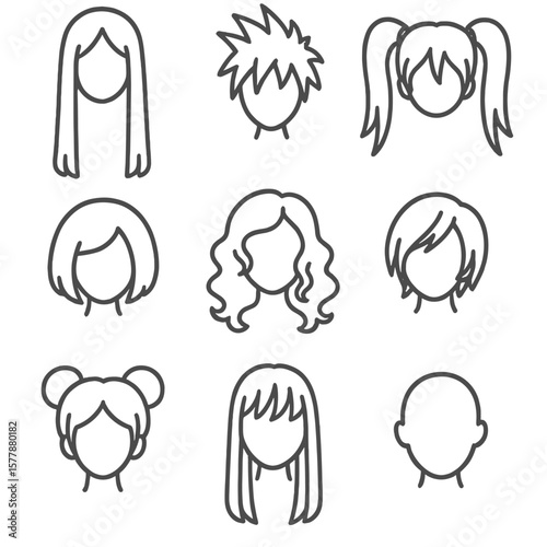 Cosplay Wig Icons. Line style icons of cosplay wig styles: long straight wig, spiky anime wig, twin tails wig, short bob cut,