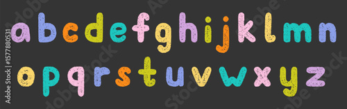 Crayon alphabet doodle set. Chalk pencil font, school wax kid letters in sketch style. Hand drawn vector illustration isolated on black background.