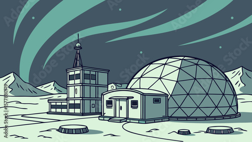 Illustration of a moon base with a dome building and aurora borealis in the night sky above it