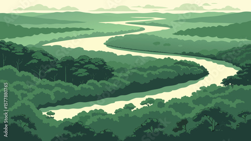 Winding river flows through a green forest landscape with hills and trees in a scenic view