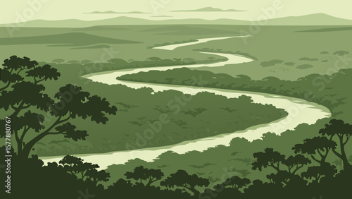A serene landscape with a winding river flowing through a lush green valley and distant mountains