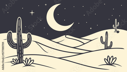 Illustration of a desert landscape with cacti under a starry night sky and a crescent moon shining bright