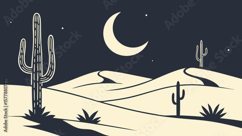 Illustration of a desert landscape with cacti, dunes, and a crescent moon under a starry night sky scene