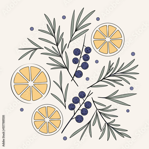 Illustration of lemon slices, blueberry sprigs, and rosemary leaves on a light background