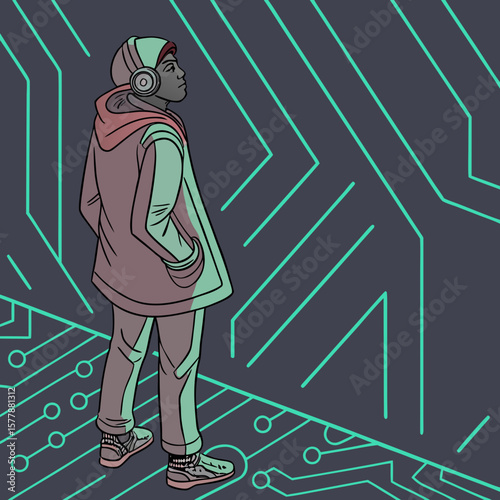 A person with headphones stands before a digital circuit board looking up and to the right side view