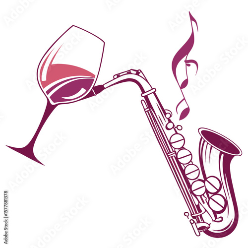 Illustration of a wine glass connected to a saxophone with musical notes floating nearby in purple