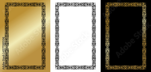 Decorative stylish frame for postcards and typography, isolated vector image, three design variants - on gold, transparent and black backgrounds, set of frames