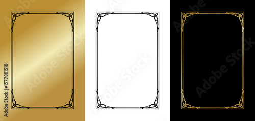 Charming rectangular frame for postcards and typography, isolated vector image, three design variants - on gold, transparent and black backgrounds, frame set