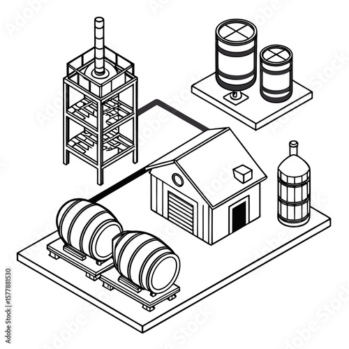 Isometric brewery scene featuring barrels tanks building and distillation tower in outline style