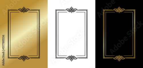 Refined rectangular frame for postcards and typography, isolated vector image, three design variants - on gold, transparent and black backgrounds, frame set