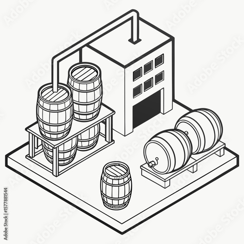 Isometric illustration of a brewery with barrels and a building in black and white line art