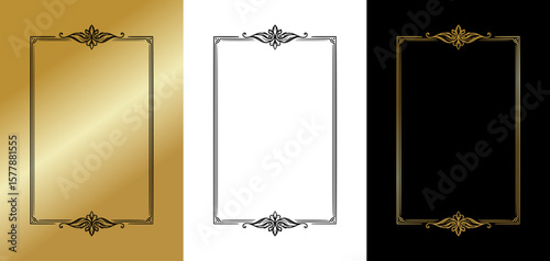 Luxurious rectangular frame for postcards and typography, isolated vector image, three design variants - on gold, transparent and black backgrounds, frame set