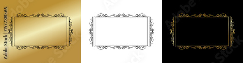 Elegant horizontal frame for postcards and typography,  isolated vector image, three design variants - on gold, transparent and black backgrounds, frame set