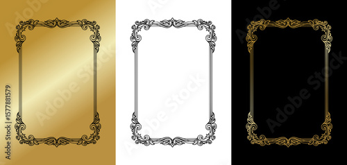 Decorative vintage-style frame for postcards and typography, isolated vector image, three design variants - on gold, transparent and black backgrounds, set of frames