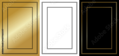 Elegant and minimalist rectangular frame for postcards and typography isolated vector image, three design variants - on gold, transparent and black backgrounds, set of frames