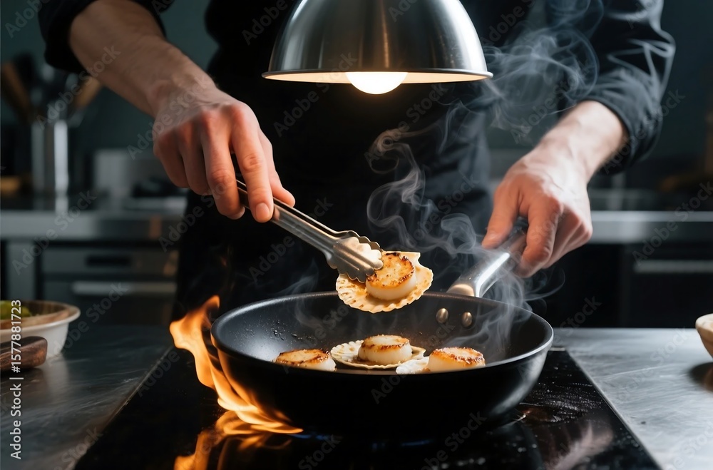 Gourmet cook searing scallops in dramatic kitchen lighting, steam and flame, editorial food image for luxury culinary campaigns Gourmet cook searing scallops in dramatic kitchen lighting, steam and flame, editorial food image for luxury culinary campaigns