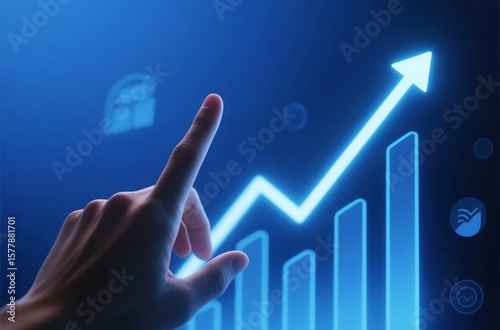 Hand pointing to rising arrow chart against dark blue gradient, futuristic digital interface concept for business growth and success strategy