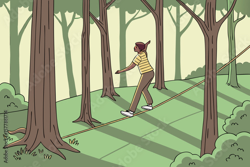 A person walking on a rope tied between trees in a forest with a green grass background scene view