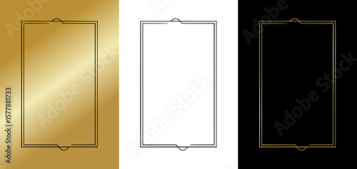 Isolated vector frame in minimal design for postcards and typography, three design variants - on gold, transparent and black backgrounds, set of frames