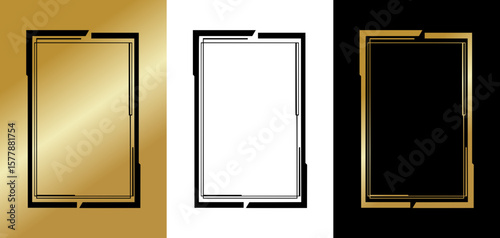 Stylish rectangular frames with modern borders for postcards and typography, isolated vector image, three design variants - on gold, transparent and black backgrounds, set of frames
