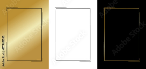 Modern minimalist frame for postcards and typography, isolated vector image, three design variants - on gold, transparent and black backgrounds, set of frames