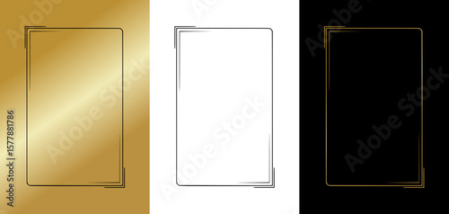 Frame in simple and minimal style for postcards and typography, isolated vector image, three design variants - on gold, transparent and black backgrounds, set of frames