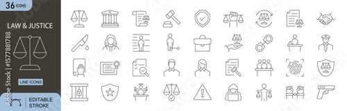 Law and Justice icons set. Includes icons for courthouse, gavel, scales of justice, judge, legal document, handcuffs, contract, and law book. Editable stroke. Line icons. Perfect for infographics.