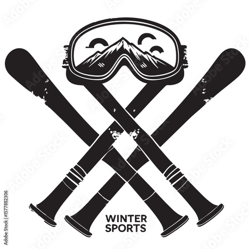 Three badges for winter sports with mountains, ski mask and winter hat