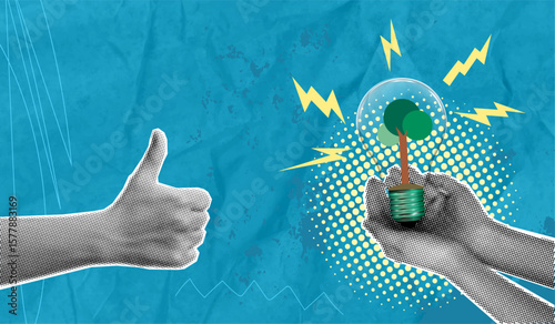 A trendy collage in pop art style. A cut out hand with a thumb up signifies approval. A hand with a light bulb and a tree inside shows the idea of supporting clean energy. Renewable energy concept.