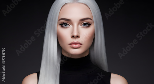 Glamorous Silver Hair Model: Striking Look with Black Top on Dark Backdrop