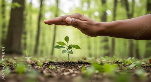 A hand protects a small green plant seedling growing in soil, with a blurred forest background.