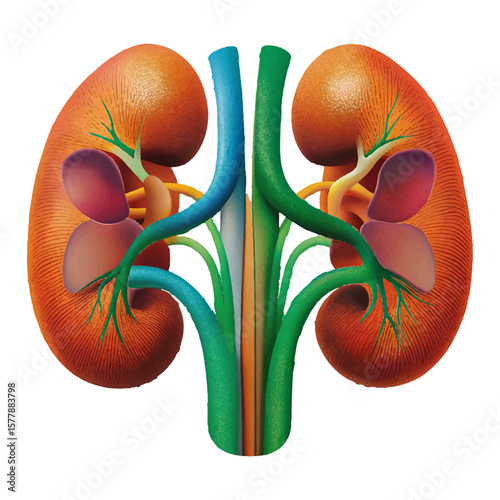Detailed renal anatomy shows colorful illustration of human kidneys and associated blood vessels for medical or educational use.
