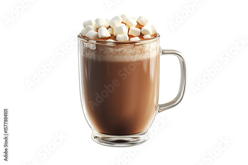 A glass mug of hot chocolate with marshmallows, isolated on a white isolated on a white isolated on a transparent background in PNG format.