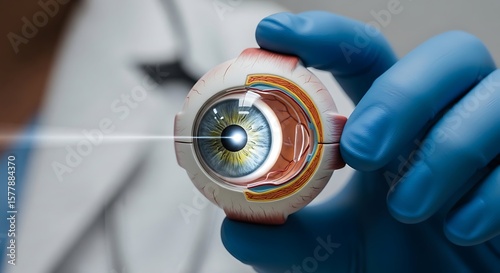 A medical professional holds a model eye with a laser beam focused on the pupil.