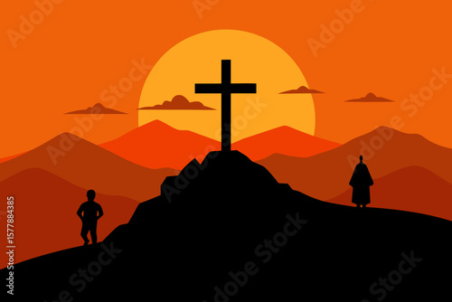 Silhouette of a cross on a hilltop with two figures at sunset