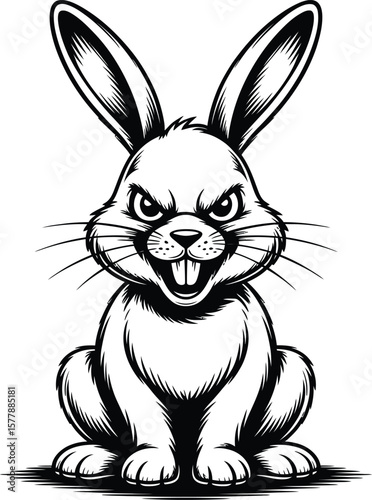 Aggressive Cartoon Rabbit Black and White Vector Illustration