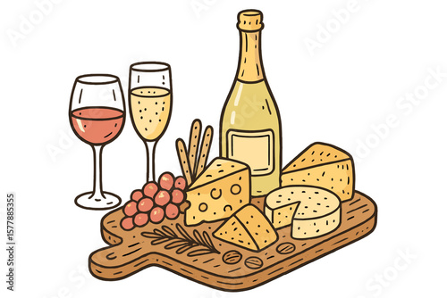 Cheese platter and sparkling wine with grapes presented on a wooden board for a festive gathering