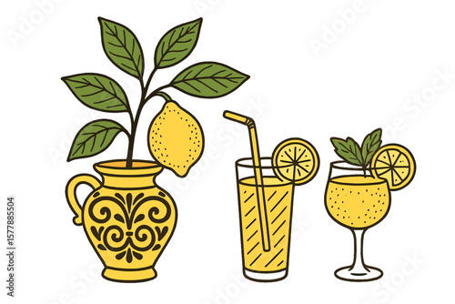 Refreshing lemonade and citrus drinks in vibrant illustrations featuring lemon, pitcher, and glasses