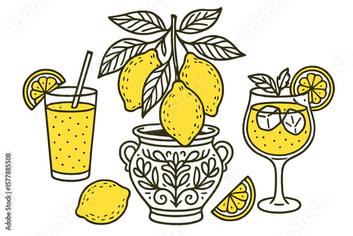 Bright yellow lemons and refreshing drinks in a summer setting with a decorative pot and citrus slices