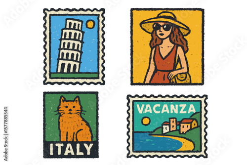 Postage stamps featuring iconic symbols of Italy, including the Leaning Tower, a fashionable woman, a cat, and a seaside view