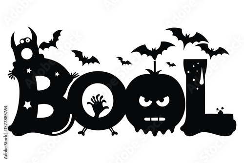 Spooky Halloween Boo! Monster Design  Black and White Illustration