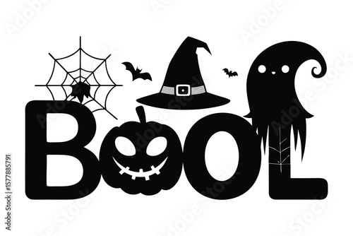 Spooky Halloween Boo! Design Bats, Witch Hat, Ghost, Spiderweb & Pumpkin