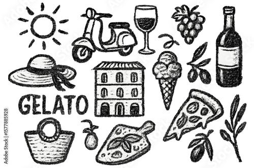 Delightful Italian summer symbols featuring gelato, pizza, and vintage scooter in a charming setting