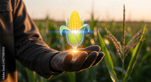 Farmer’s Hand Displaying Holographic Corn Icon