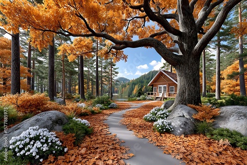 Autumn nature pathway with sunlight and dry leaves high resolution image
