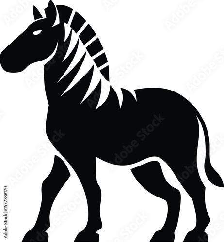 Zebra silhouette with upright stance, striped mane, and pointed ears for wild safari animal icon