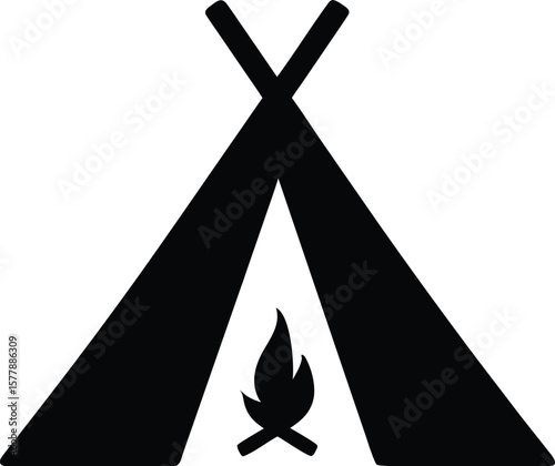 Campsite silhouette with pitched tent and glowing campfire for outdoor adventure icon