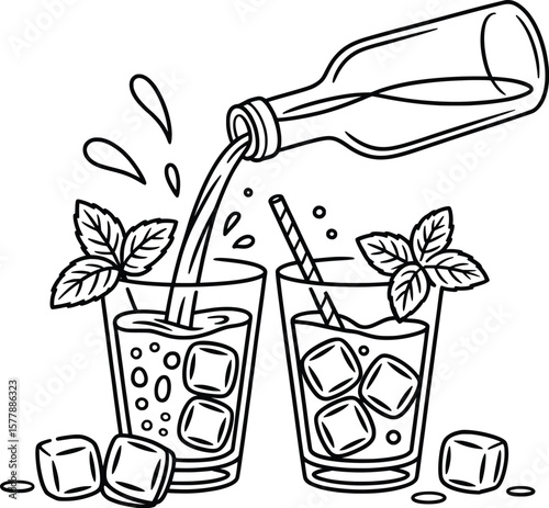 Refreshing Drink Line Art, Summer Beverage with Ice and Mint Vector Illustration.

