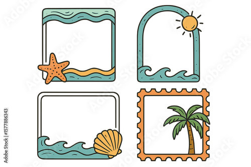 Creative beach-themed frames showcasing ocean waves, sun, and tropical elements designed for summer memories and postcards